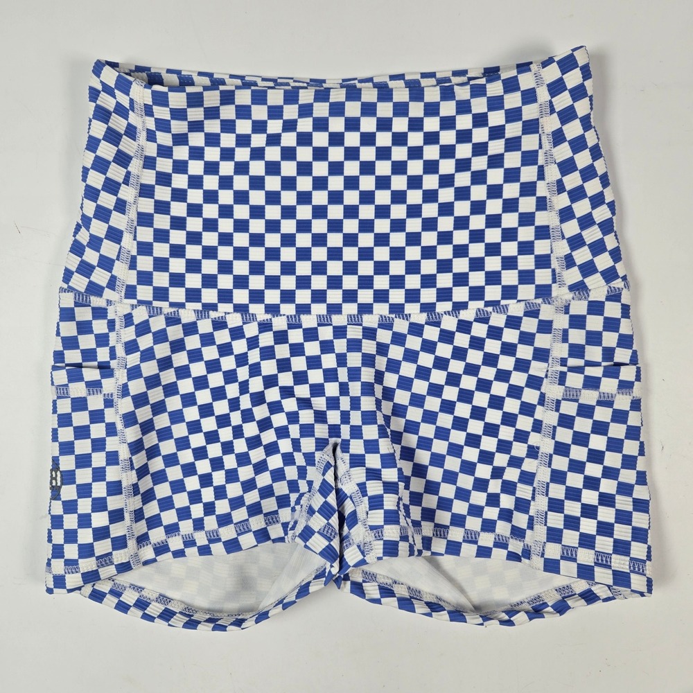 Salty Honey Athletic Shorts Medium Blue‎ Checkered Ribbed High Waist Pockets